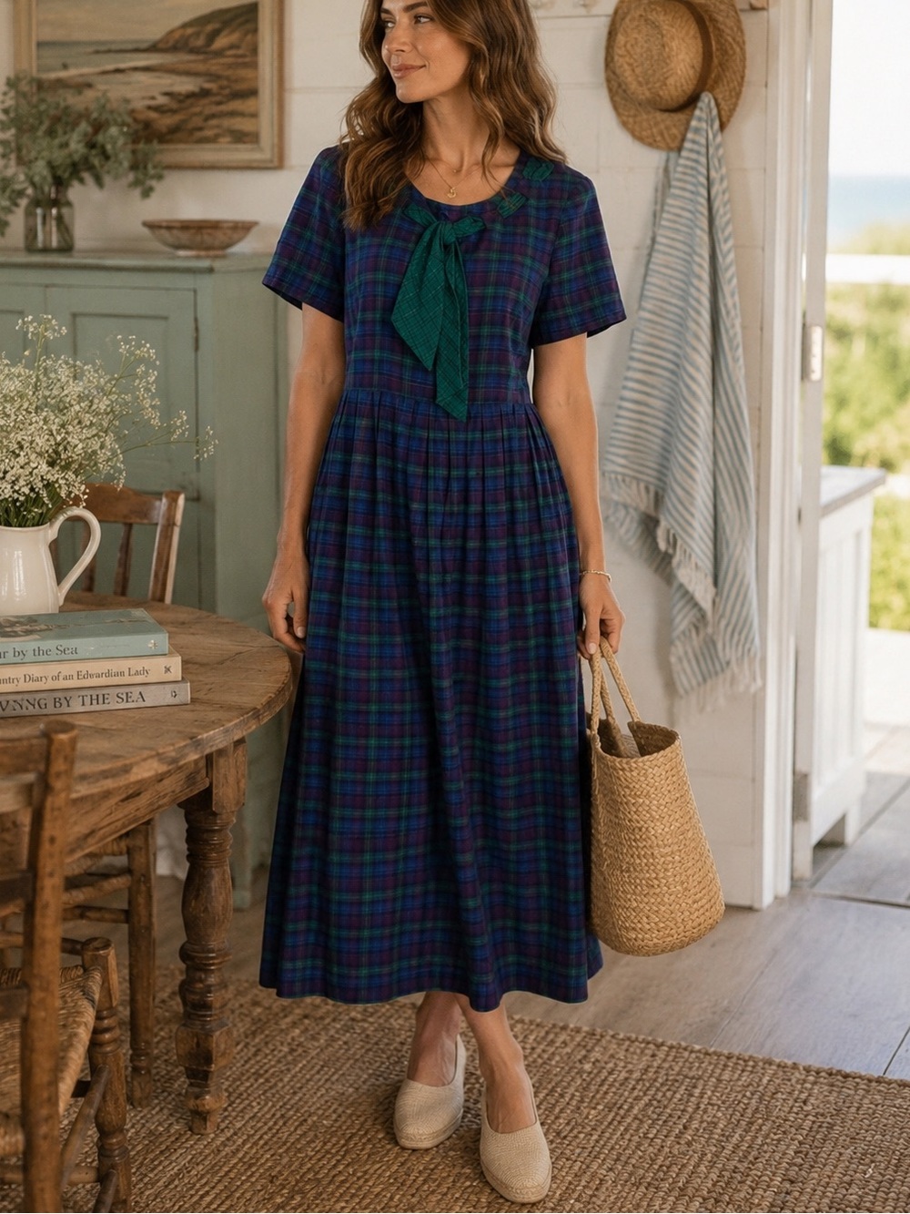 Vintage Leslie Lucks 80s Plaid Midi Dress Cottagecore - Blue Purple Green USA